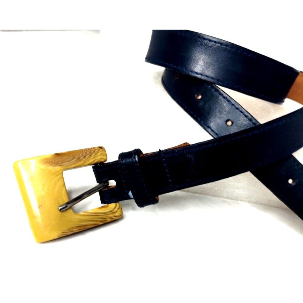 Joan & David for Nordstrom Womens M Navy Blue Leather Belt w Ivory color Buckle - Picture 2 of 8